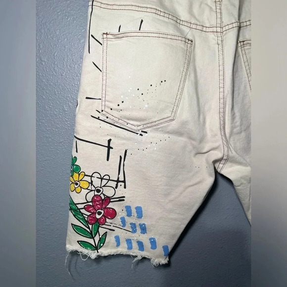 First Row Men Denim Shorts Sz 38 Hand Painted Distressed Boro Stitch 10” Inseam - Picture 7 of 10